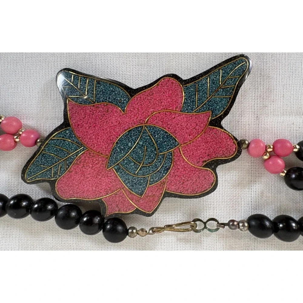 Made in Philippines Vintage Pink Floral Black Beads Necklace Matching Earrings